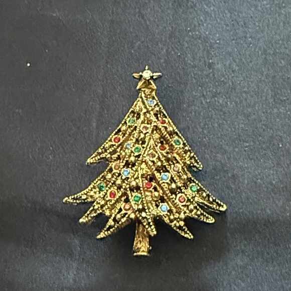 Vintage Jewelry - Vintage Christmas Tree Brooch Pin Gold Color with Round Multicolor Crystals